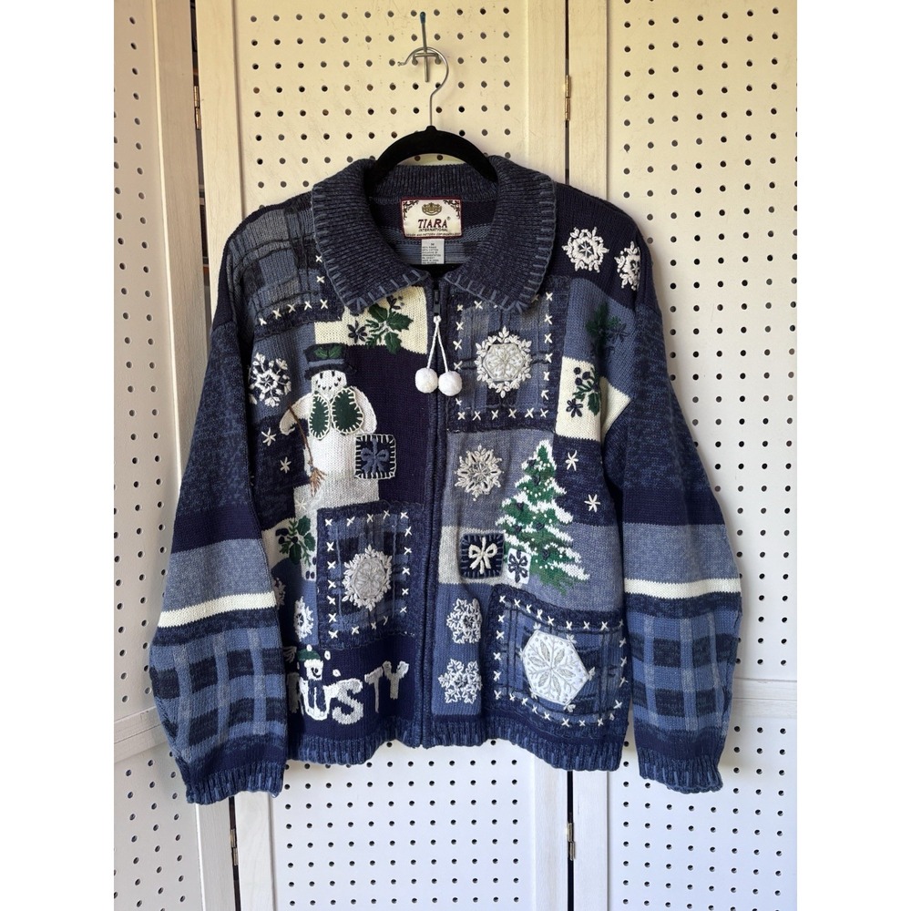 VTG Tierra International Christmas Sweater Womens M Frosty Snowman Cardigan Zip
